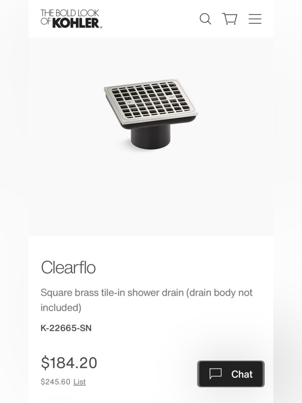 Kohler Clearflo Square Brass Tile-In Shower Drain - Polished Nickel